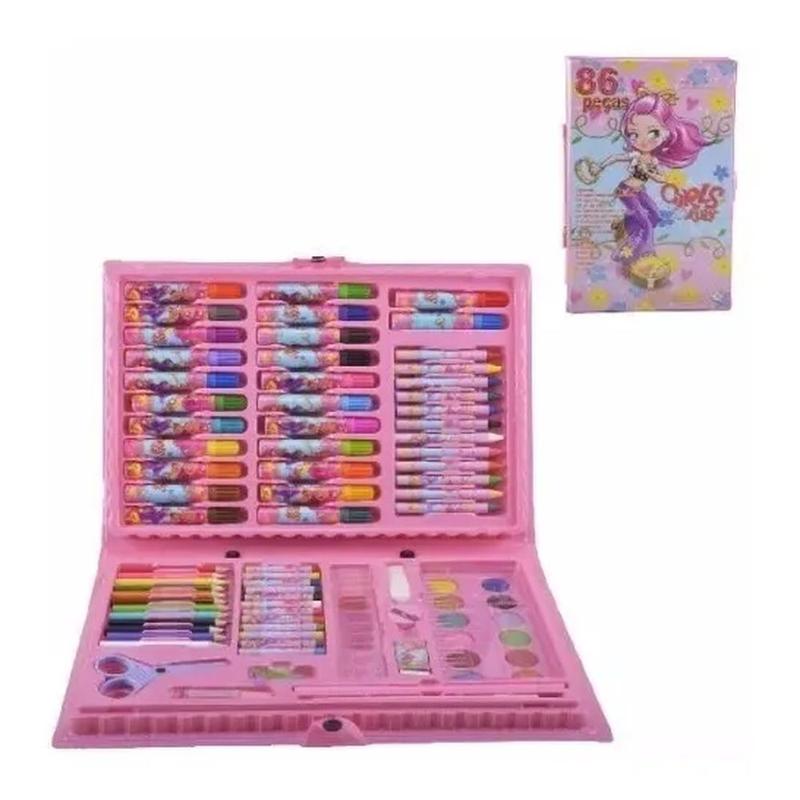 Kit Maleta Escolar Pintura 86 Peças Canetinha Lápis Cor Rosa